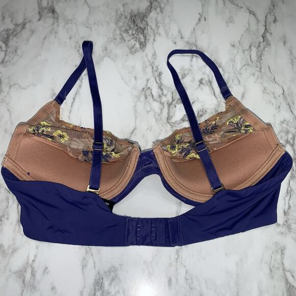 Natori Bra 32B Floral Lace See Through Padded Blue Yellow Brown Hook And Eye - Picture 3 of 7